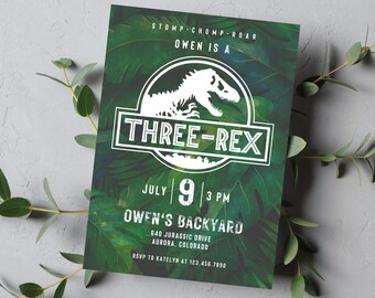Three Rex Birthday Invitation | Dinosaur Birthday Party | Stomp Chomp And Roar | Boy Dino T-Rex Invitation | Third Birthday Dino Invite