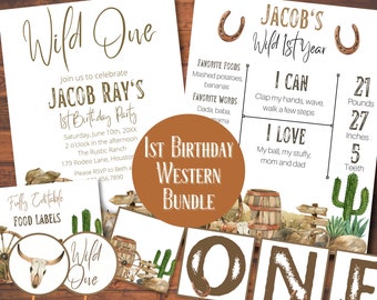 ZESTAW | Pakiet Wild One First Birthday | Pakiet Western 1st Birthday | Materiały do druku Wild One Birthday | Baner ze zdjęciem Wild One Milestone