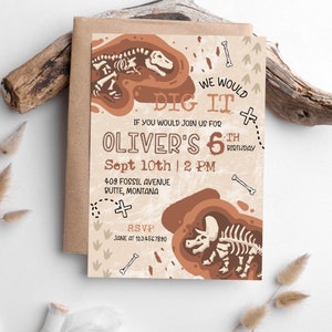 May include: A tan and brown dinosaur-themed party invitation with the text "We Would Dig It" and "Oliver's 6th Birthday". The invitation includes the date and time of the party, the address, and an RSVP phone number.