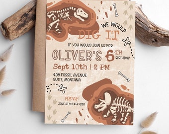 May include: A tan and brown dinosaur-themed party invitation with the text "We Would Dig It" and "Oliver's 6th Birthday". The invitation includes the date and time of the party, the address, and an RSVP phone number.