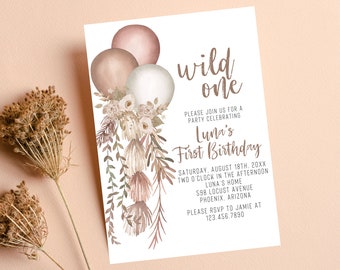 Wild One First Birthday Invitation Template | Boho 1st Birthday Invitation | Girl First Birthday Invite | Boho Balloon Birthday Invitation