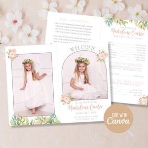 Könnte beinhalten: Taufkarten-Set mit einem jungen Mädchen in einem weißen Kleid und Blumenkranz. Die Einladung enthält Text, florale Akzente und die Wörter "Willkommen" und "Mit Canva bearbeiten."