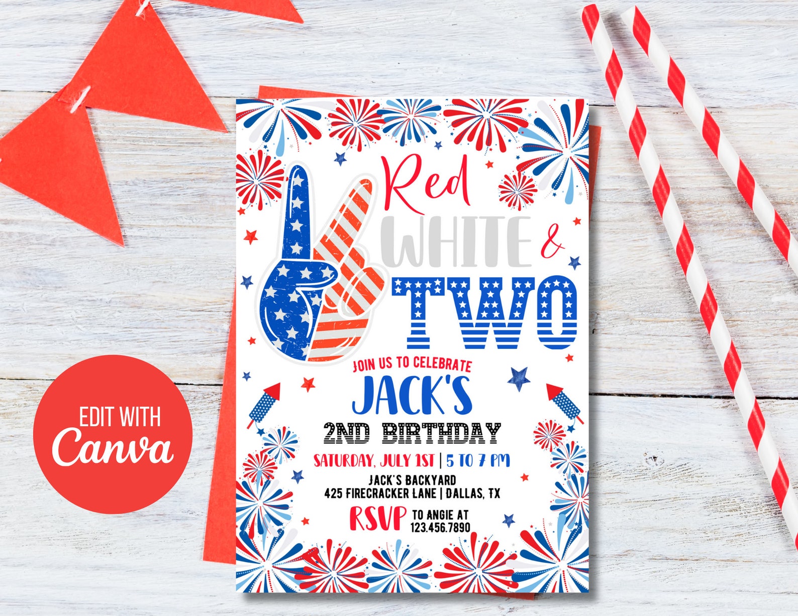 4th of July Birthday Invitation | Red White and Two Birthday Invitation ...