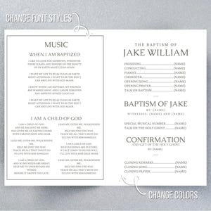 May include: A two-page baptism program template with text fields for names and details. The left page features song lyrics, while the right page includes sections for the baptism details, confirmation, and closing remarks. The design is simple with a light grey background and black text.