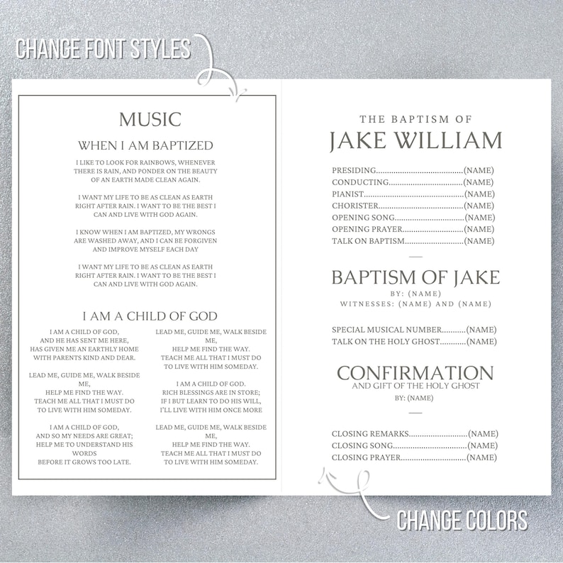May include: A two-page baptism program template with text fields for names and details. The left page features song lyrics, while the right page includes sections for the baptism details, confirmation, and closing remarks. The design is simple with a light grey background and black text.