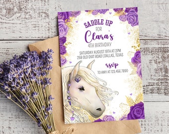 Horse Birthday Invitation Template | Cowgirl Party Horse Invite | Purple Horse Birthday Invitation | Watercolor Horse Invitation | Saddle Up