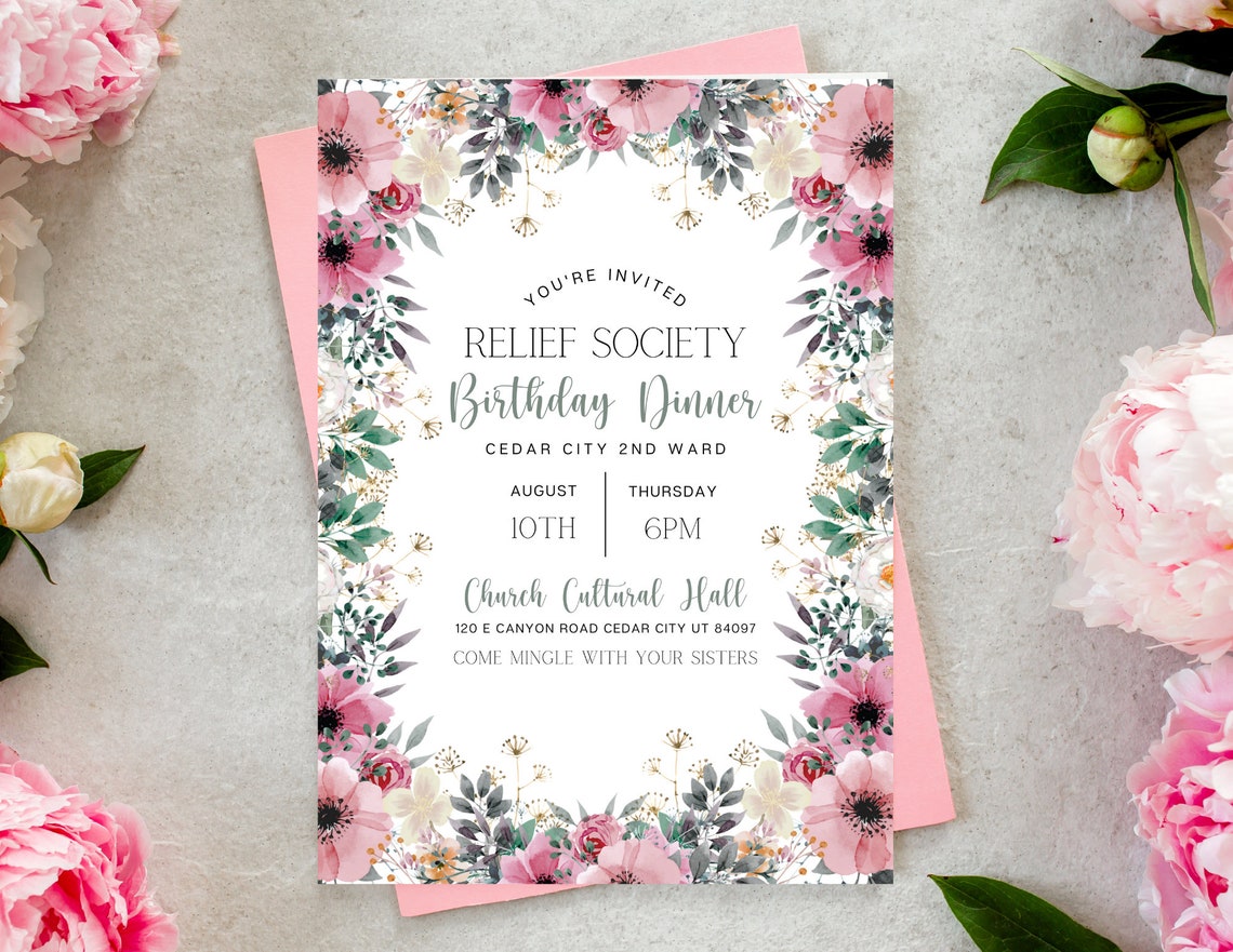 Relief Society Birthday Invitation Relief Society Dinner Invite Floral ...