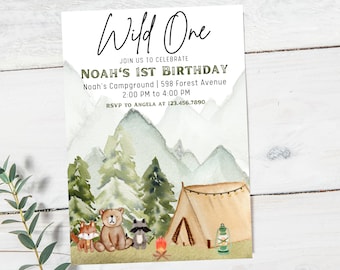 Wild One First Birthday Invitation Template | Woodland 1st Birthday Invitation | Camping First Birthday Invite | Woodland Animals Invite