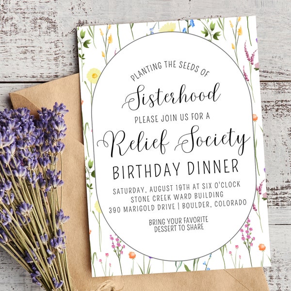 Relief Society Birthday Invitation | Relief Society Dinner Invite | Wildflower Relief Society Invitation | Floral Relief Society Birthday