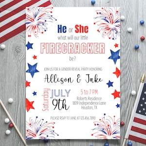 4th of July Gender Reveal Invitation | He Or She Gender Reveal Invitation | Gender Reveal Invitation | 4th of July Gender Reveal Invite