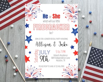 4th of July Gender Reveal Invitation | He Or She Gender Reveal Invitation | Gender Reveal Invitation | 4th of July Gender Reveal Invite