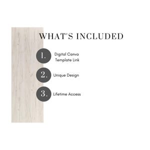 May include: A white background with the text "WHAT'S INCLUDED" and numbered points. The points list: Digital Canva Template Link, Unique Design, and Lifetime Access. A light wood grain texture is on the left side.