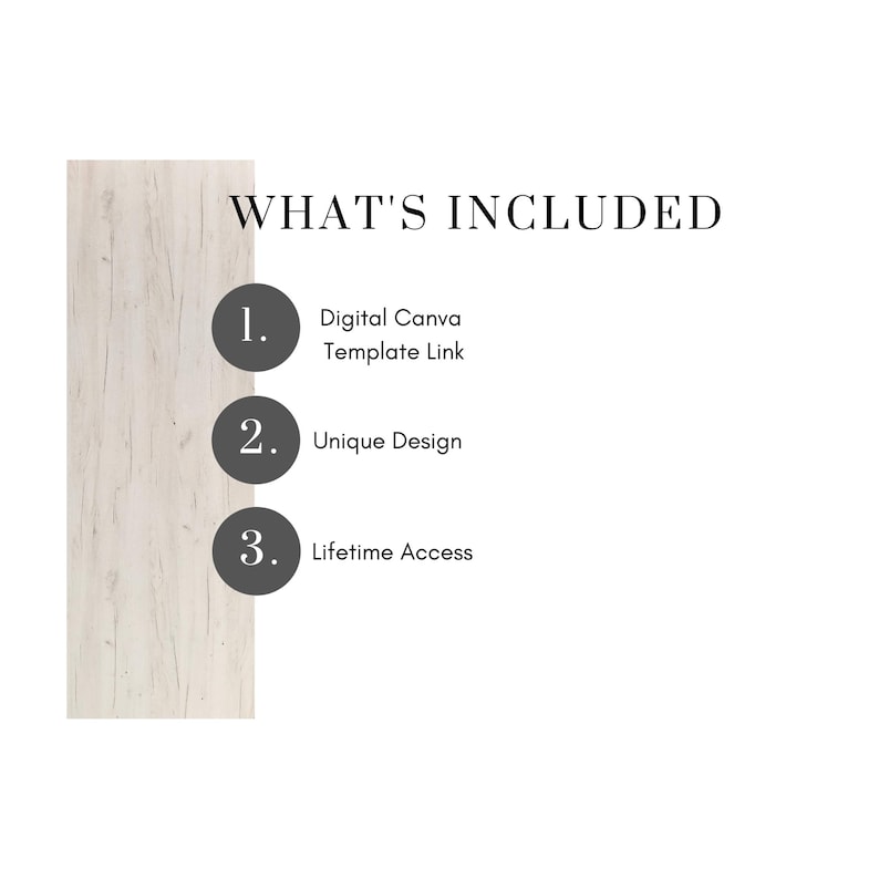 May include: A white background with the text "WHAT'S INCLUDED" and numbered points. The points list: Digital Canva Template Link, Unique Design, and Lifetime Access. A light wood grain texture is on the left side.