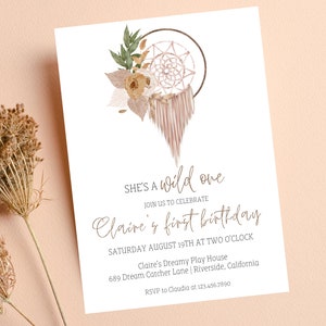 Wild One First Birthday Invitation Template | Boho 1st Birthday Invitation | Girl First Birthday Invite | Boho Wild One Birthday Invitation