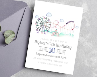 Urodziny w parku rozrywki | Zaproszenie do parku rozrywki | Zaproszenie na roller coaster | Zaproszenie do parku rozrywki | Park rozrywki | Roller Coaster