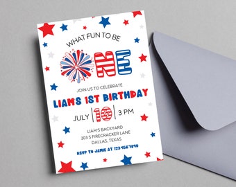 4th of July First Birthday Invitation | Patriotic Birthday Invitation | Boy Girl Patriotic Party Invite | What Fun To Be One Birthday Invite