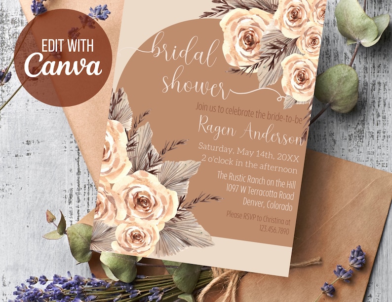 Boho Bridal Shower Invitation Template Pampas Grass Boho Etsy