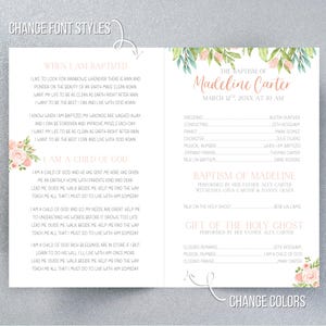 Pu&ograve; includere: Biglietto d'invito per battesimo con un design floreale in rosa e verde tenue. Il biglietto include il testo "Il battesimo di Madeline Carter" e i dettagli dell'evento. Il design &egrave; elegante e adatto a una celebrazione religiosa.