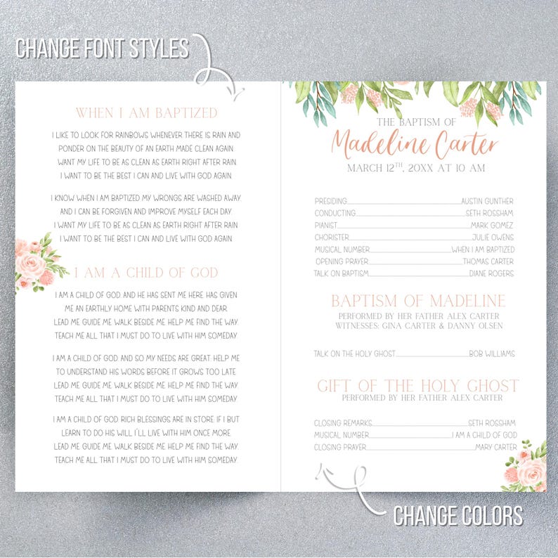 Pu&ograve; includere: Biglietto d'invito per battesimo con un design floreale in rosa e verde tenue. Il biglietto include il testo "Il battesimo di Madeline Carter" e i dettagli dell'evento. Il design &egrave; elegante e adatto a una celebrazione religiosa.