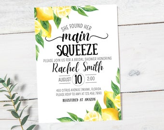 Pode incluir: Um convite de chá de panela branco com uma borda de limão e folhas verdes. O texto diz "She found her main squeeze. Please join us for a bridal shower honoring Rachel Smith. August 10, 2:00. 450 Citrus Avenue | Miami, Florida. Please RSVP to Amy at 123.456.7890. Registered at Amazon."