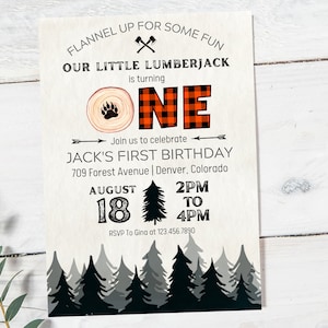 Lumberjack First Birthday Invitation | Lumberjack Red Plaid Birthday Invite | Flannel Up Lumberjack Birthday Invitation | Bear Invitation