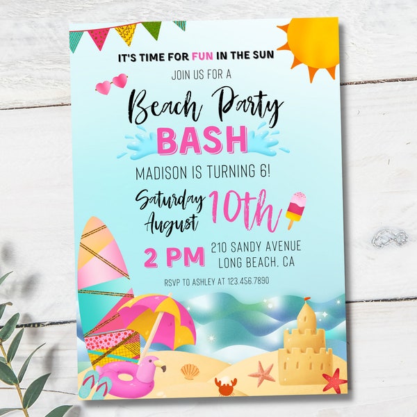 Invitation d'anniversaire de fête de plage | Invitation de plage | Invitation d'anniversaire de piscine | Fête de plage | Invitation de fête de plage de fille | Fête sur la plage