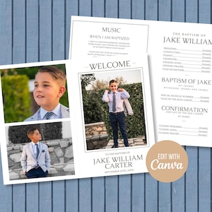 Könnte beinhalten: Tauf-Einladung mit einem Foto eines Jungen im Anzug, mit dem Text "Die Taufe von Jake William Carter" und "Mit Canva bearbeiten". Die Vorlage enthält Platz für Namen und Details der Zeremonie.