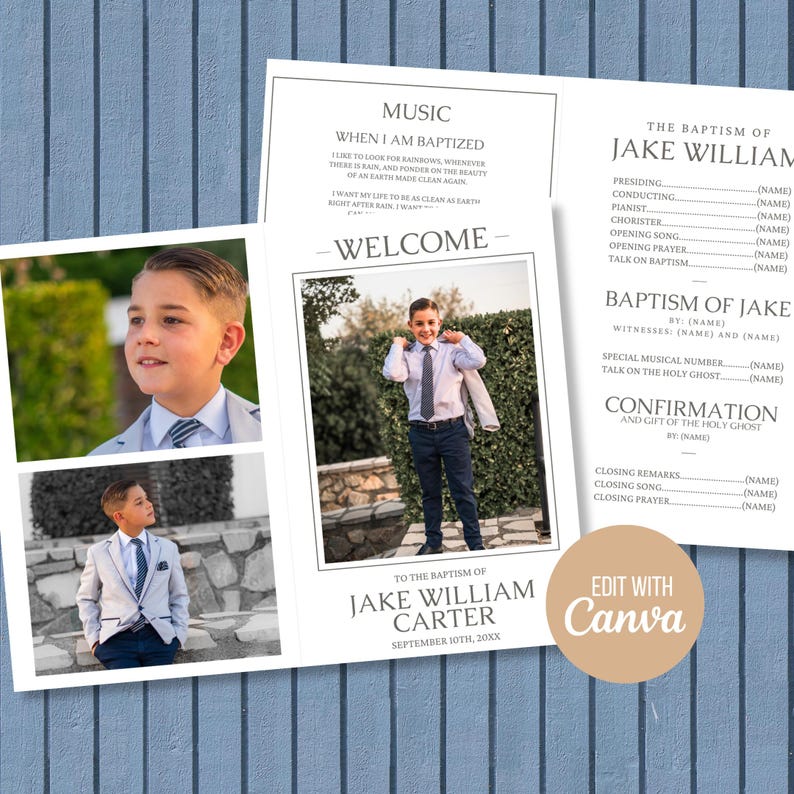 May include: Baptism invitation with a photo of a boy in a suit, and text including "The Baptism of Jake William Carter" and "Edit with Canva." The invitation template has spaces for names and details of the ceremony.