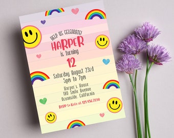 Zaproszenie urodzinowe Rainbow dla dziewcząt | Zaproszenie urodzinowe dla nastolatków | Zaproszenie urodzinowe dla dziewcząt | Zaproszenie urodzinowe Happy Face | Impreza dla nastolatków