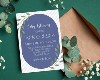 Baby Blessing Invitation Template | LDS Baby Blessing Invitation | LDS Baby Blessing Gender Neutral | Blue Baby Blessing | Digital Invite