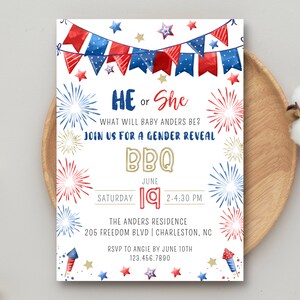 4th of July Gender Reveal Invitation | He Or She Gender Reveal Invitation | Gender Reveal Invitation | 4th of July Gender Reveal Invite