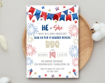 4th of July Gender Reveal Invitation | He Or She Gender Reveal Invitation | Gender Reveal Invitation | 4th of July Gender Reveal Invite