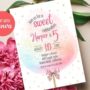 Cotton Candy Birthday Invitation | Sweet Celebration Birthday Invitation | Cotton Candy Birthday Party Invitation | Any Age Candy Party image 2