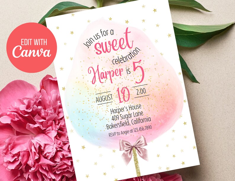 Cotton Candy Birthday Invitation | Sweet Celebration Birthday Invitation | Cotton Candy Birthday Party Invitation | Any Age Candy Party image 2