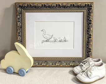 Mama Goose and Babies Art Print – Vintage Ink Sketch Nursery Art