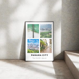 May include: A framed print with four images of Panama City. The images show aerial views of a bridge, cityscapes, and a street scene. The print is displayed against a textured wall.
