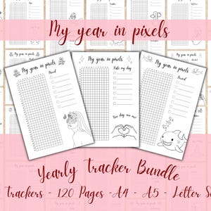 May include: A printable set of 40 black and white yearly trackers, each with a grid and space for writing. The trackers are titled "My year in pixels" and feature various illustrations, including a woman with flowers in her hair, a heart, and a shark. The text "Yearly tracker bundle" is written in a large font at the bottom of the image. The text "40 trackers - 120 pages - A4 - A5 - Letter Size" is written in a smaller font below the bundle title.