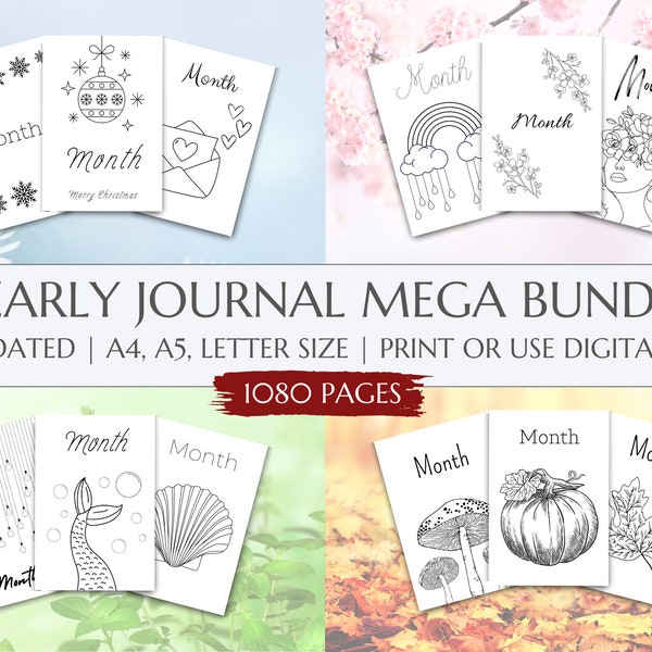 Premade Yearly Journal Bundle Undated 2024, Printable Journal Template March, Digital Journal Pages, April daily Journal printables May Pdf