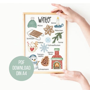 Imprimir póster de invierno directamente | DIN A4 | Póster de vocabulario | Impresión Montessori ? Motivos de invierno para niños | Aprende palabras de invierno | Escuela primaria