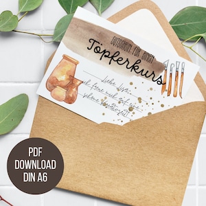 Voucher voor een cursus pottenbakken | Cadeaubon sjabloon | Direct afdrukken | Cadeau-idee voor beste vriend | Geef creatieve tijd