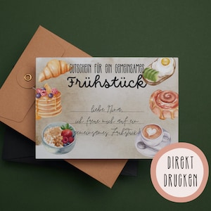 Voucher ontbijt | Cadeaubon sjabloon | Direct afdrukken | Cadeau-idee voor samen ontbijten | Ontbijtuitnodiging |