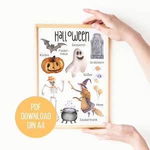 Imprima carteles de Halloween directamente | DIN A4 | Póster de vocabulario | Impresión Montessori ? Motivos de Halloween para niños | Aprender | Escuela primaria