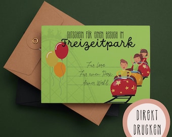 Gutschein Freizeitpark | Geschenkgutschein Vorlage | Direkt ausdrucken | Freizeitpark Gutschein | Einladung | für Kinder & Erwachsene