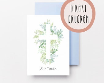 Baptism card | Print directly | Digital Download | Cross with eucalyptus | Baptism card for boys and girls | Instant print |