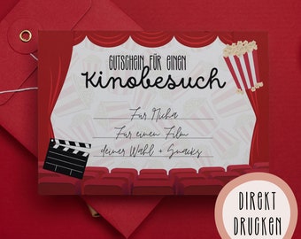 May include: A red movie ticket gift certificate with a theater theme. The design includes a red curtain, popcorn, and rows of seats. Text on the certificate reads "GUTSCHEIN FÜR EINEN Kinobesuch" and "DIREKT DRUCKEN".