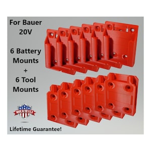 May include: Red battery and tool mounts for Bauer 20V tools. The image shows six battery mounts and six tool mounts. Text on the image reads "For Bauer 20V", "6 Battery Mounts + 6 Tool Mounts", "Made in the U.S.A.", and "Lifetime Guarantee!"