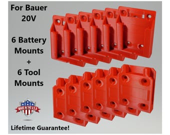 Tool & Battery Mount Set Compatible with Bauer 20V | 6 Tool Holders + 6 Battery Racks | Wall Storage System | Made in USA