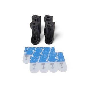 May include: Four black plastic Command picture hanging clips with adhesive strips. The clips have a curved design and a hole at the top. The adhesive strips are blue and white with the brand name and instructions.