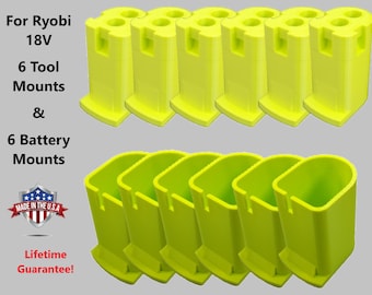Combo Pack: 6 Battery + 6 Tool Mounts/Hangers/Holders/Brackets for Ryobi 18V/Ryobi ONE