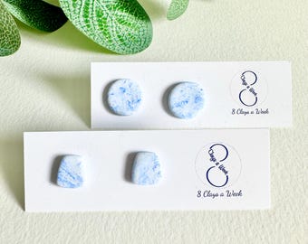 Blue marble earrings, blue stud earrings, blue beach jewellery, white studs, handmade polymer clay, birthday gift for friend, gift for her